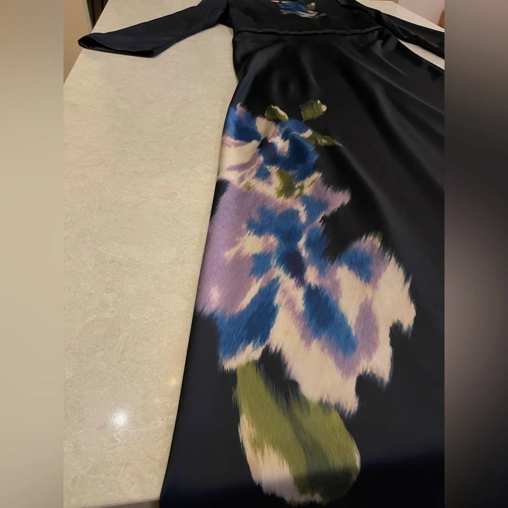 Sachin & Babi Alex Gown in Midnight Corsage Navy Blue Floral Satin Dress Size 14 - Picture 9 of 17